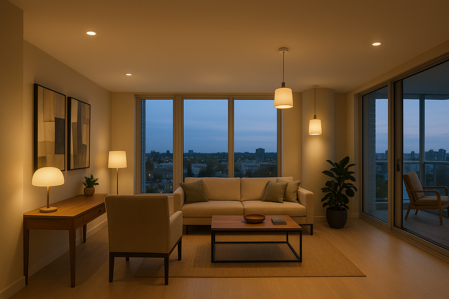 Cozy living room with warm ambient lighting perfect for evening relaxation