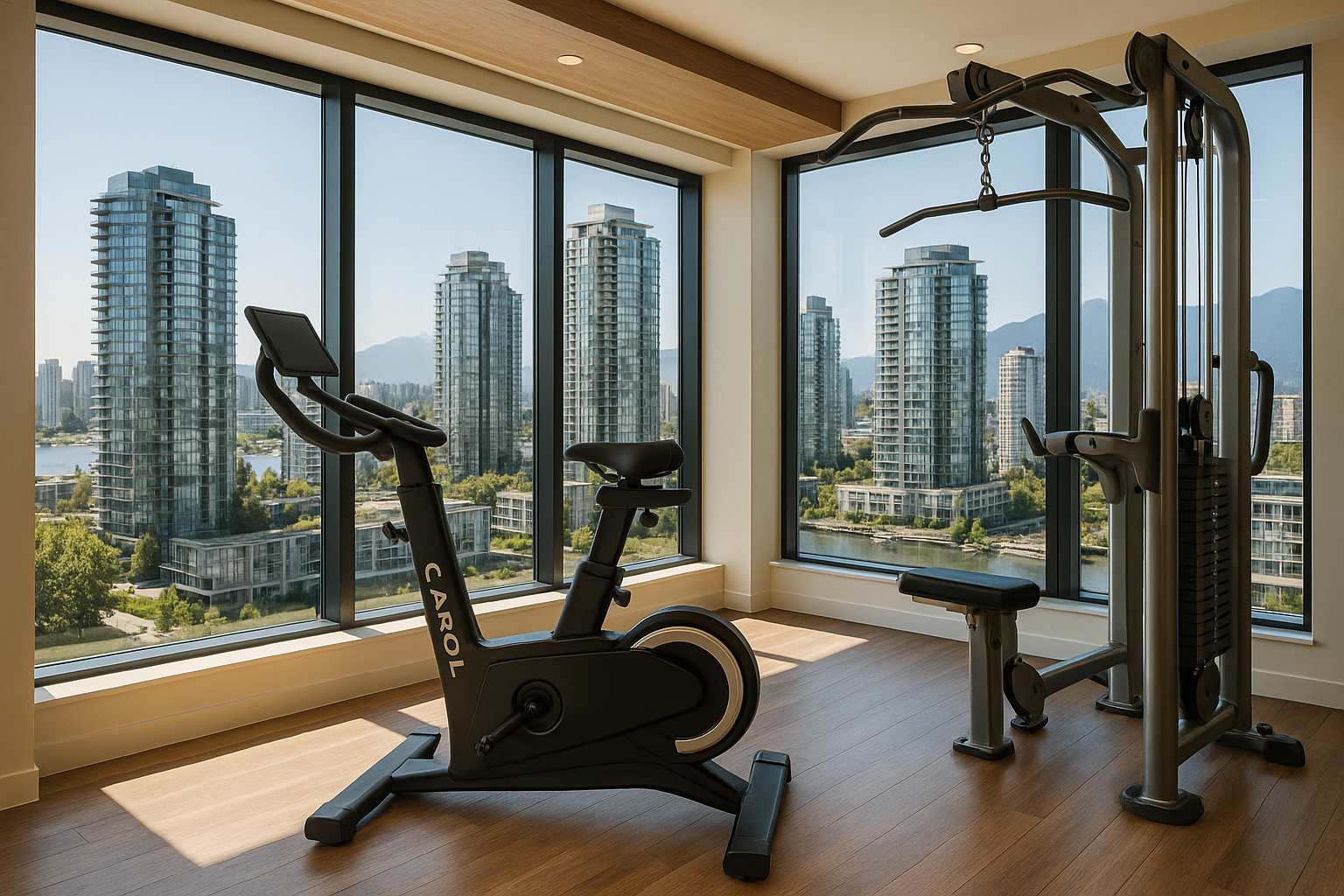 Modern fitness center with CAROL AI bike and stunning Vancouver city views
