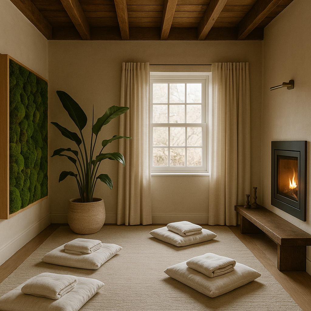 Peaceful meditation room with natural lighting, comfortable seating, and calming atmosphere
