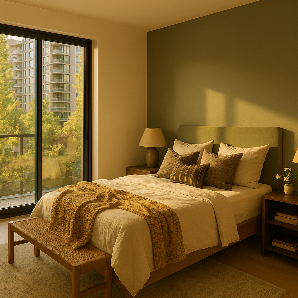 Peaceful bedroom with warm morning light streaming through windows