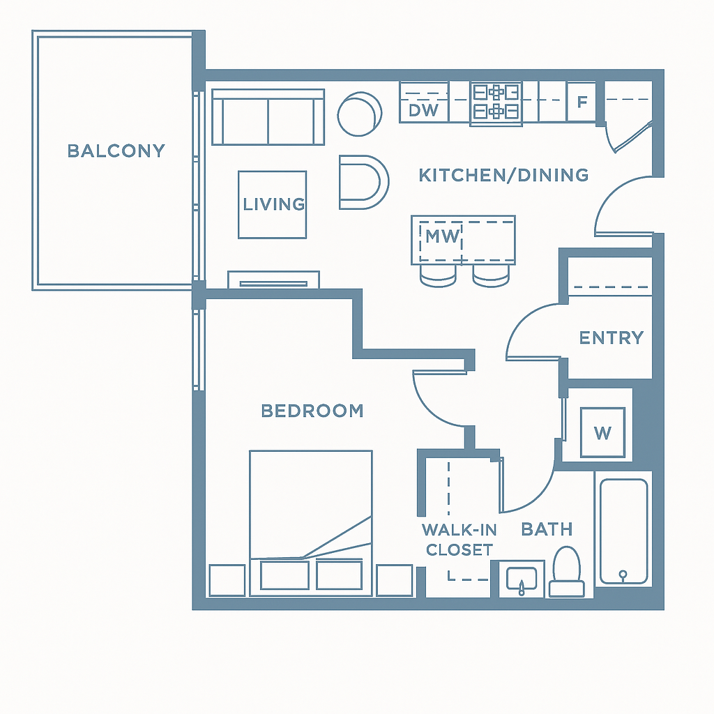 One-bedroom apartment floor plan with walk-in closet and spacious balcony