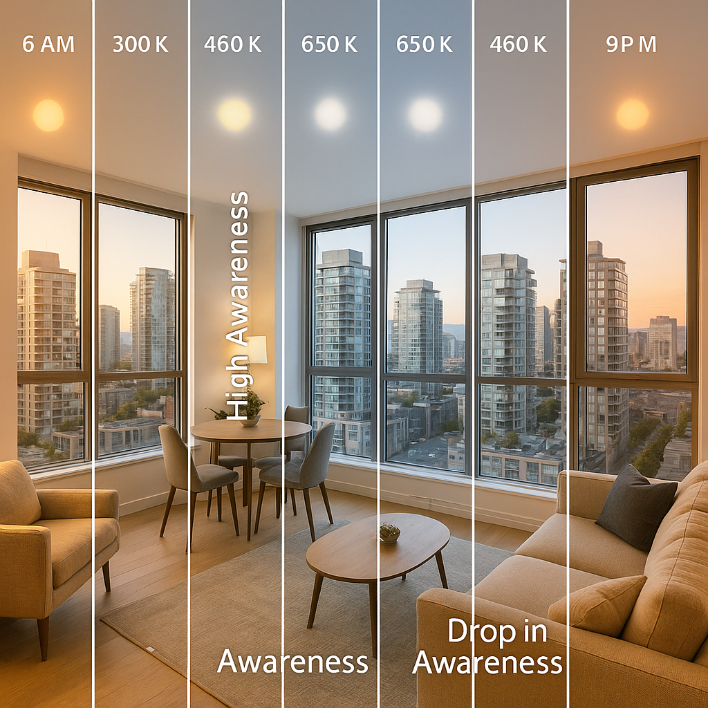 Circadian rhythm lighting system adapting throughout the day for optimal wellness