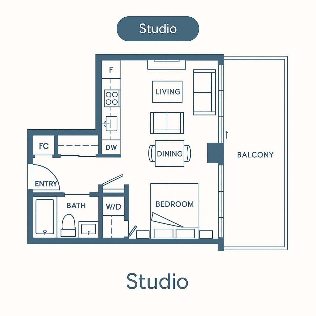 Studio apartment floor plan showing efficient layout with balcony