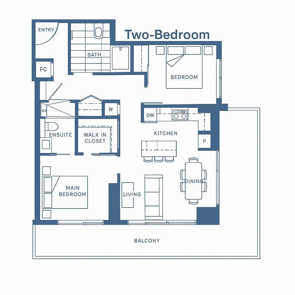 Two-bedroom apartment floor plan with ensuite, main bedroom, and large balcony