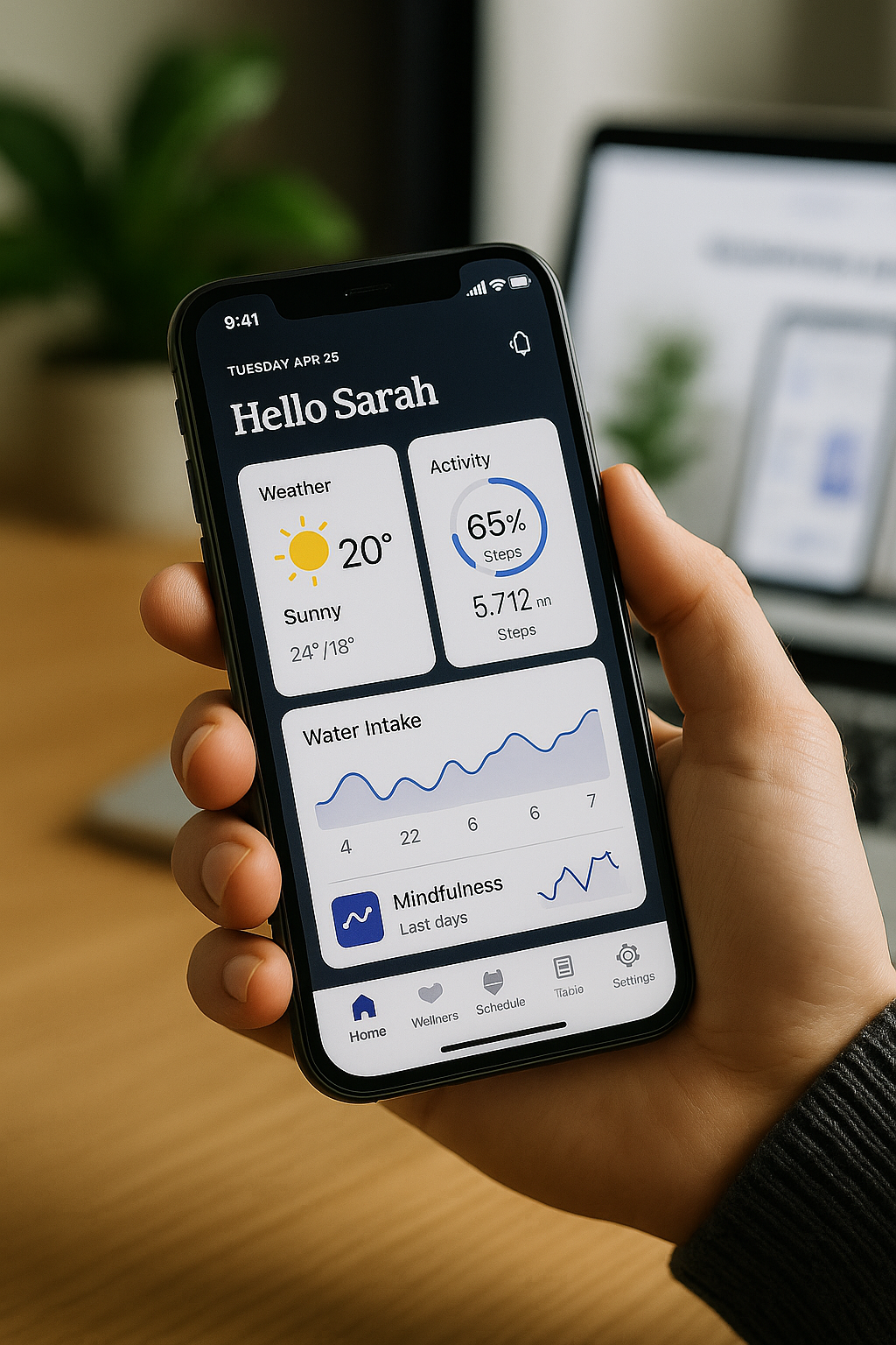 Comprehensive wellness app showing activity tracking, water intake, and mindfulness metrics