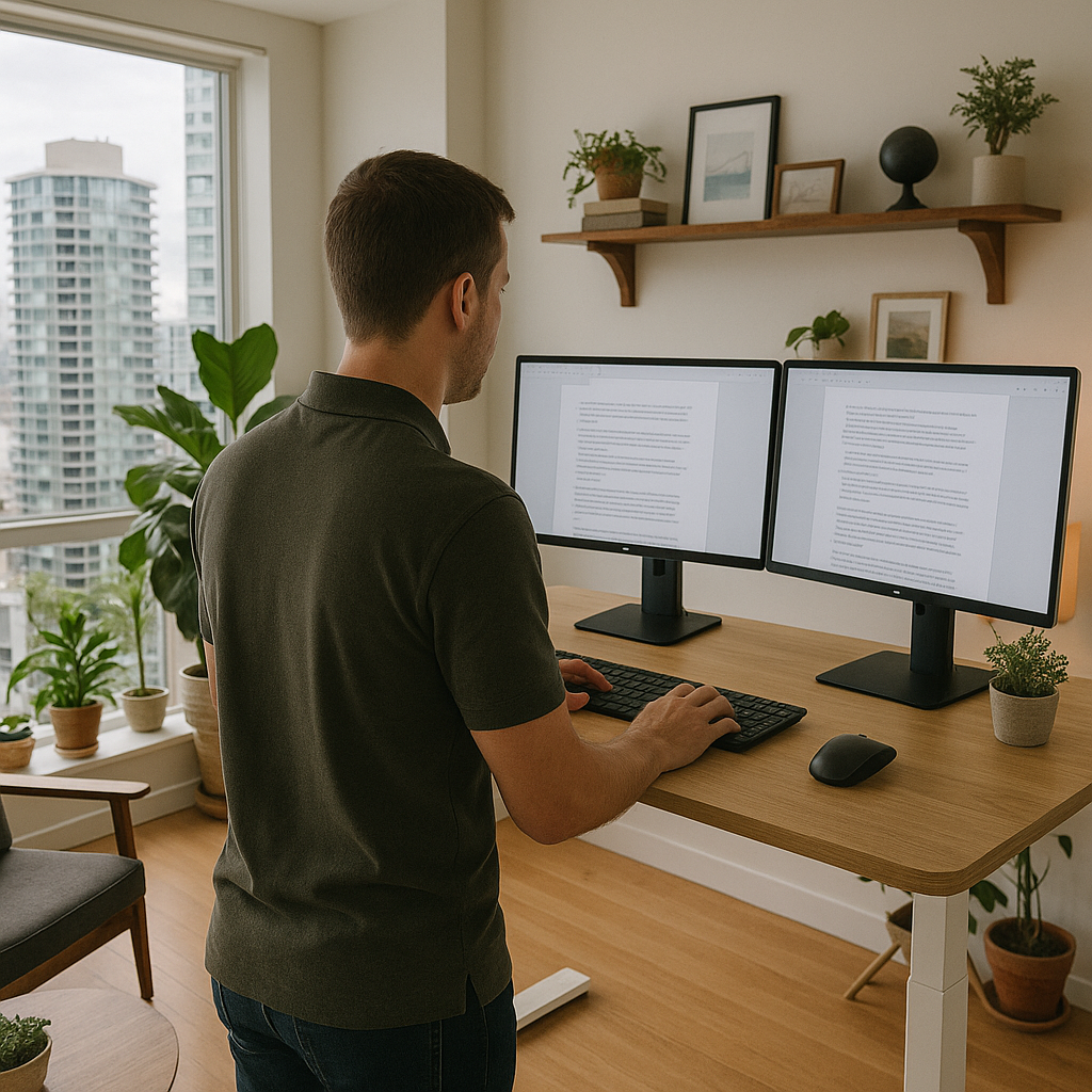 Professional work from home setup with dual monitors and city views